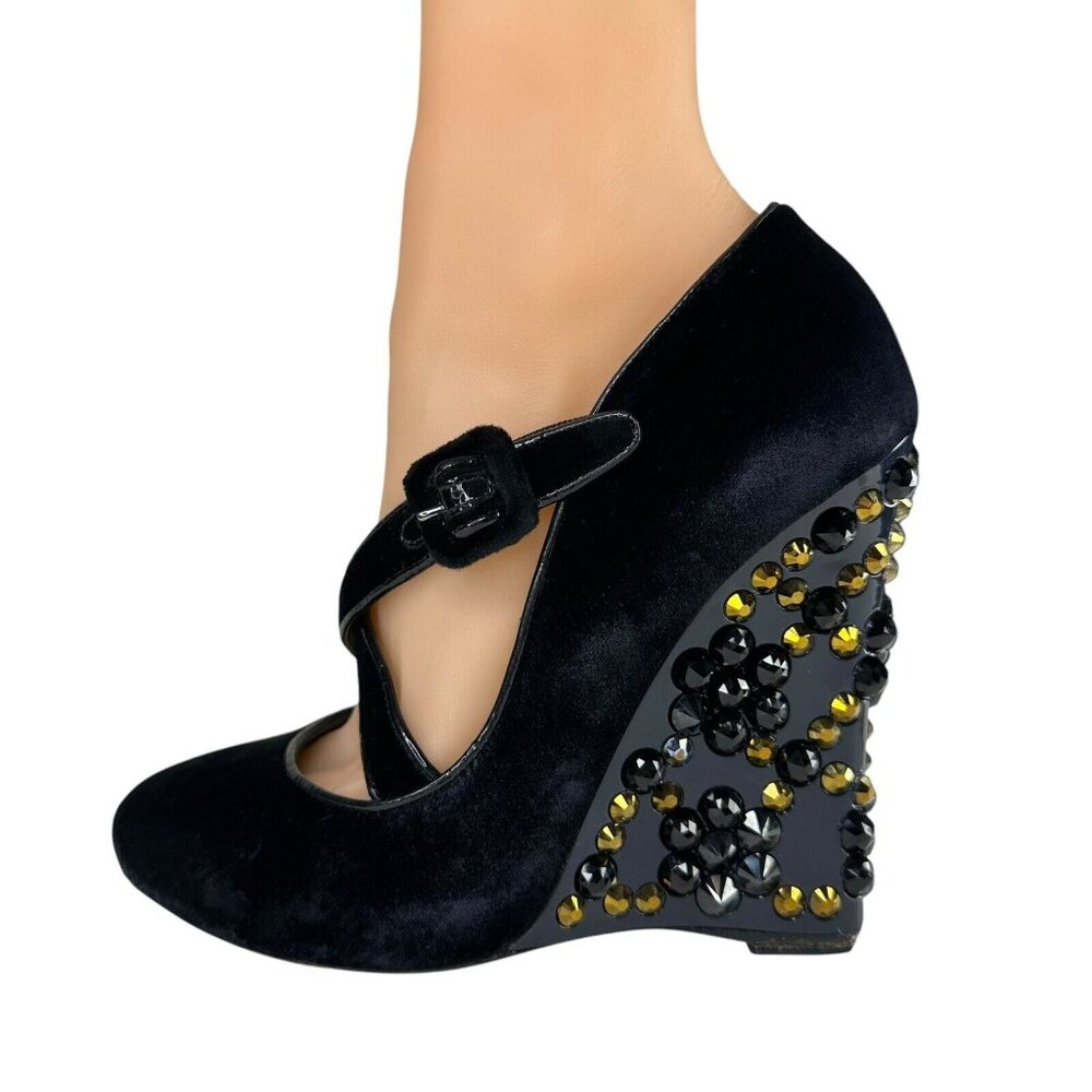 LOUIS VUITTON Wedge Pumps Heel Beaded Velvet Black Size EU 36/US 5.5 Cross Strap - Picture 7 of 17